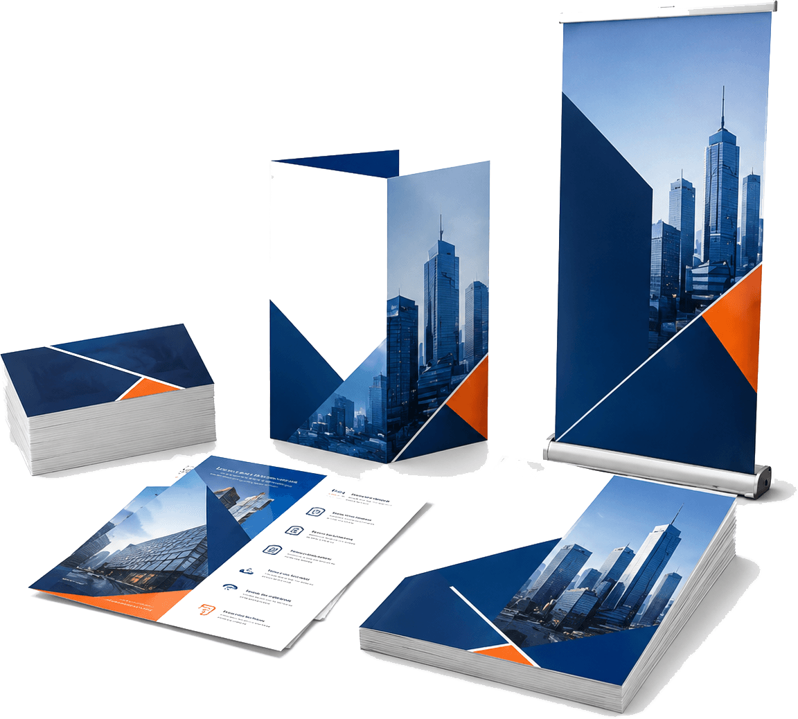 Cai Hong Printing product suite: business cards, brochure, flyer, roll-up banner, and booklets