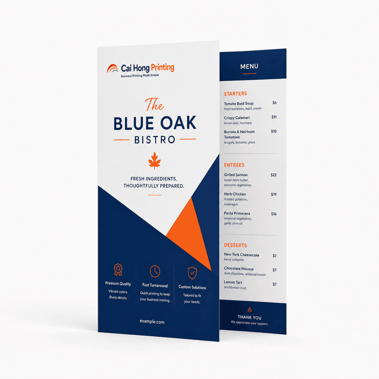 Restaurant menu printed by Cai Hong Printing